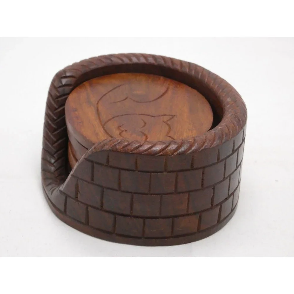 Wood Coasters Cat Kitten Set of 6 Stackable Cat Bed Holder - Carved Decor India